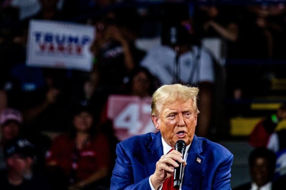 Former US President Donald Trump speaks during a town hall event at Dort Financial Center in Flint, Michigan last month.